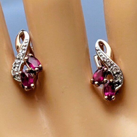 Russian Russia Solid 14K Rose Pink Gold Ruby Diamond Cluster Pierced Earrings - Picture 2 of 15